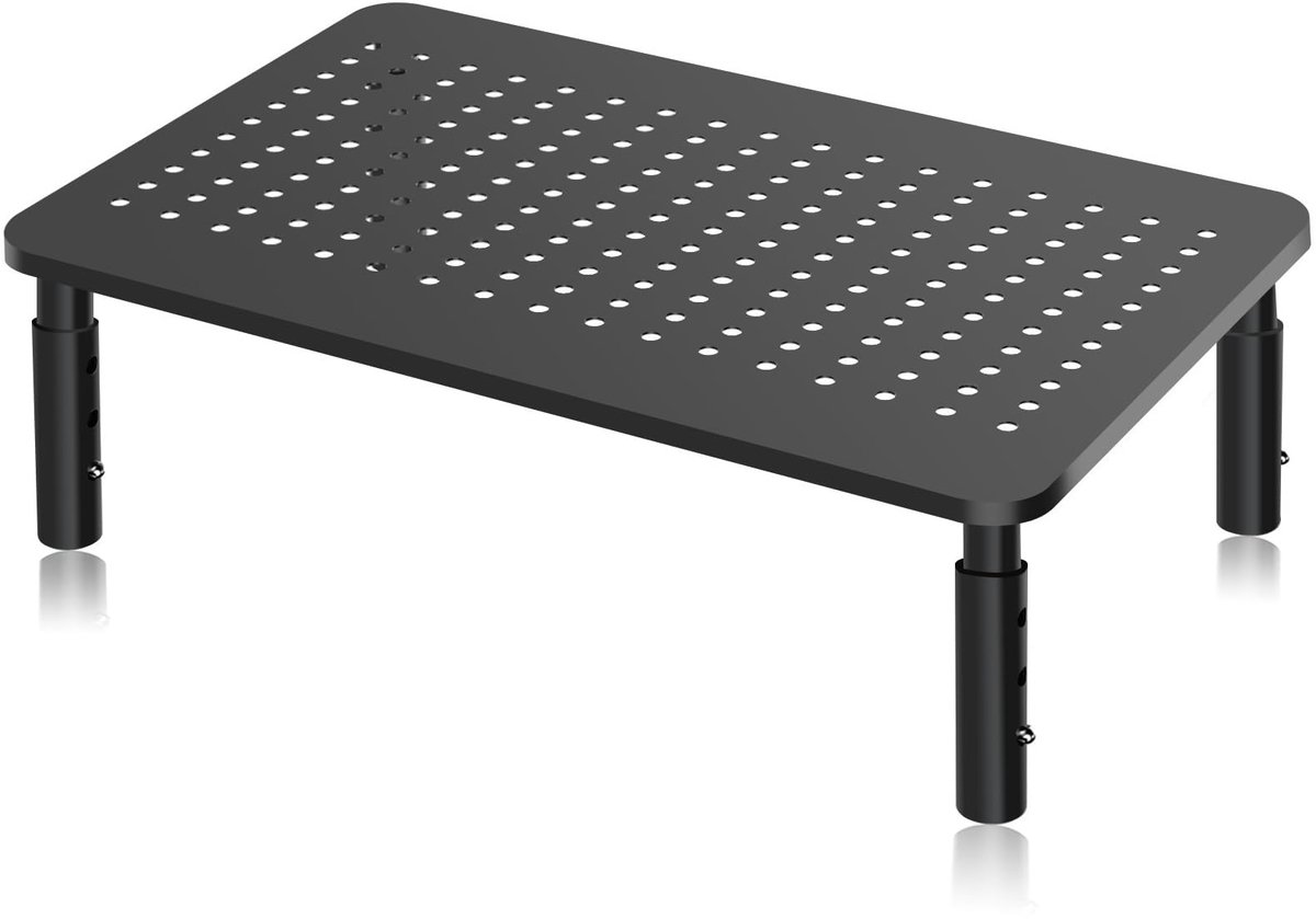 Monitor Verhoger Bureau - Verstelbare Monitorstandaard met 3 Hoogtes (10/12/14 cm) - Metalen Monitor Riser met Ventilatieplatform - Laptop, PC en Printer Houder - Ergonomische Werkplek Accessoire - Draagvermogen tot 20 kg - Zwart