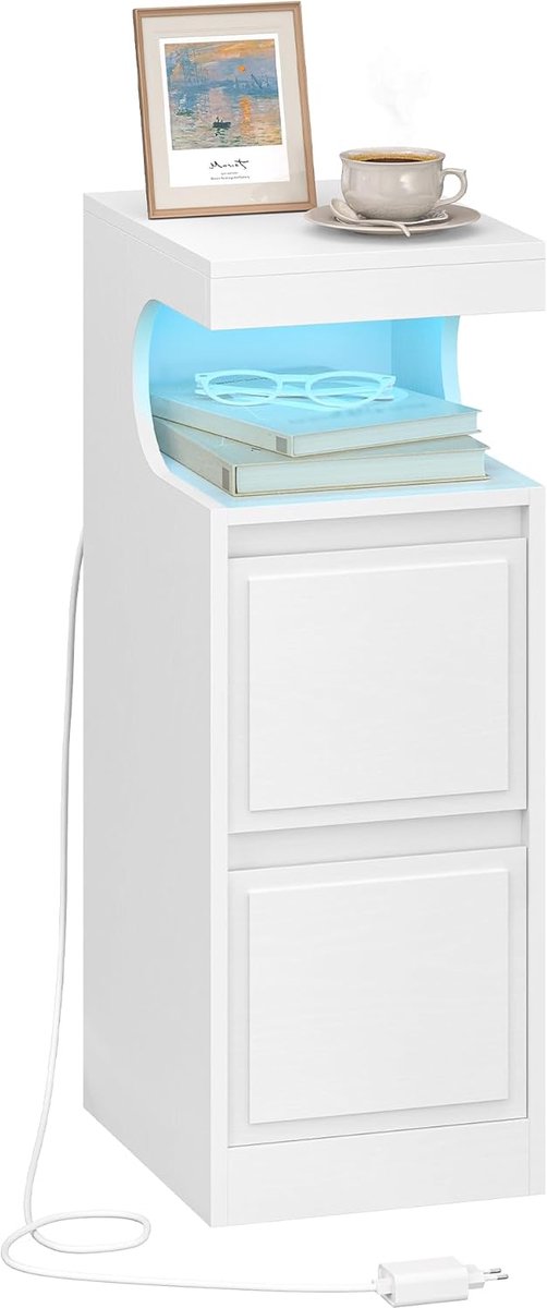 Hzuaneri Nachtkastje met LED, Bijzettafel met 2 laden, Nachtkastje, U-vormig Open Vak, Verstelbaar Licht, voor Slaapkamer, Woonkamer, 30 x 24 x 65 cm Wit