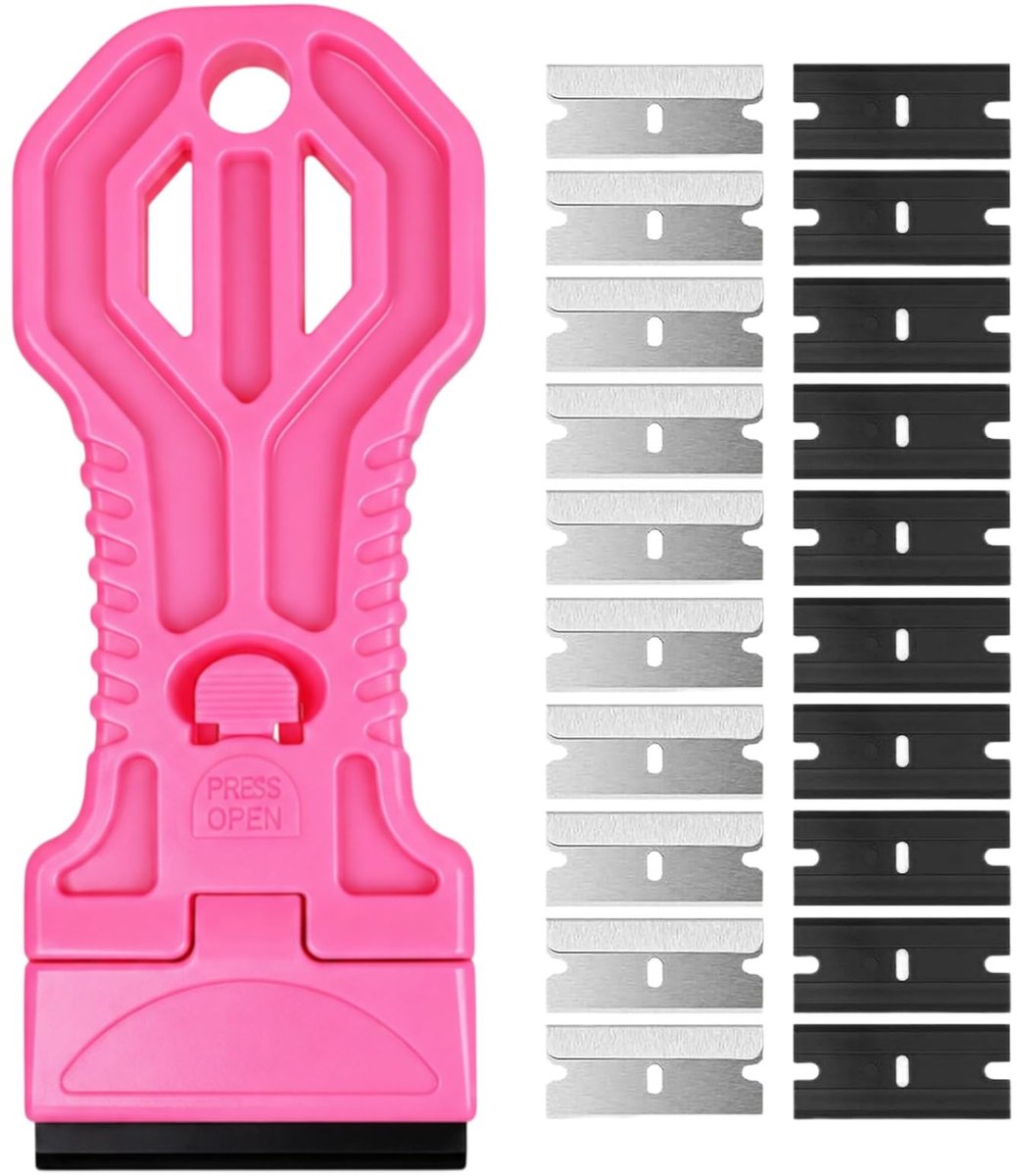 Namajunas - 2 stuks huishoudschraper roze - Met 10 kunststof mesjes en 10 metalen mesjes - Kookplaatschraper & stickerverwijderaar - Geschikt voor inductiekookplaat, ruiten en oppervlakken