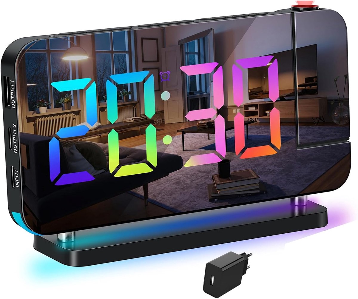 SnelShoppen - Digitale wekker met meerkleurige sfeerverlichting, projectieklok, RGB-cijferklok voor slaapkamerdecoratie, huisdecoratie, inclusief stek