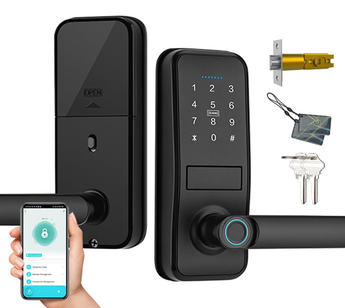 SnelShoppen - Xenocam Slimme Deurslot Vingerafdruk/Touchscreen/Bluetooth/IC-kaart, 6-in-1 Sleutelloos Systeem, Mat Zwart, Geschikt voor Deuren van 30-