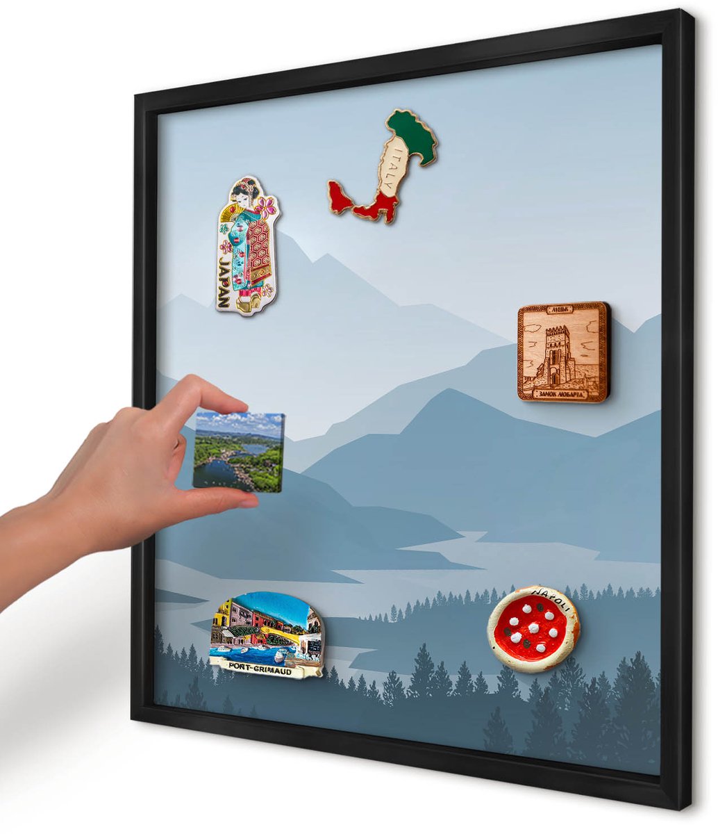 Artprintcave Blauw Magneetbord mit Zwart Frame - 50x50 cm - Berg Harmonie Magneet Bord mit Frame - Abstract Notitiebord - Landschappen
