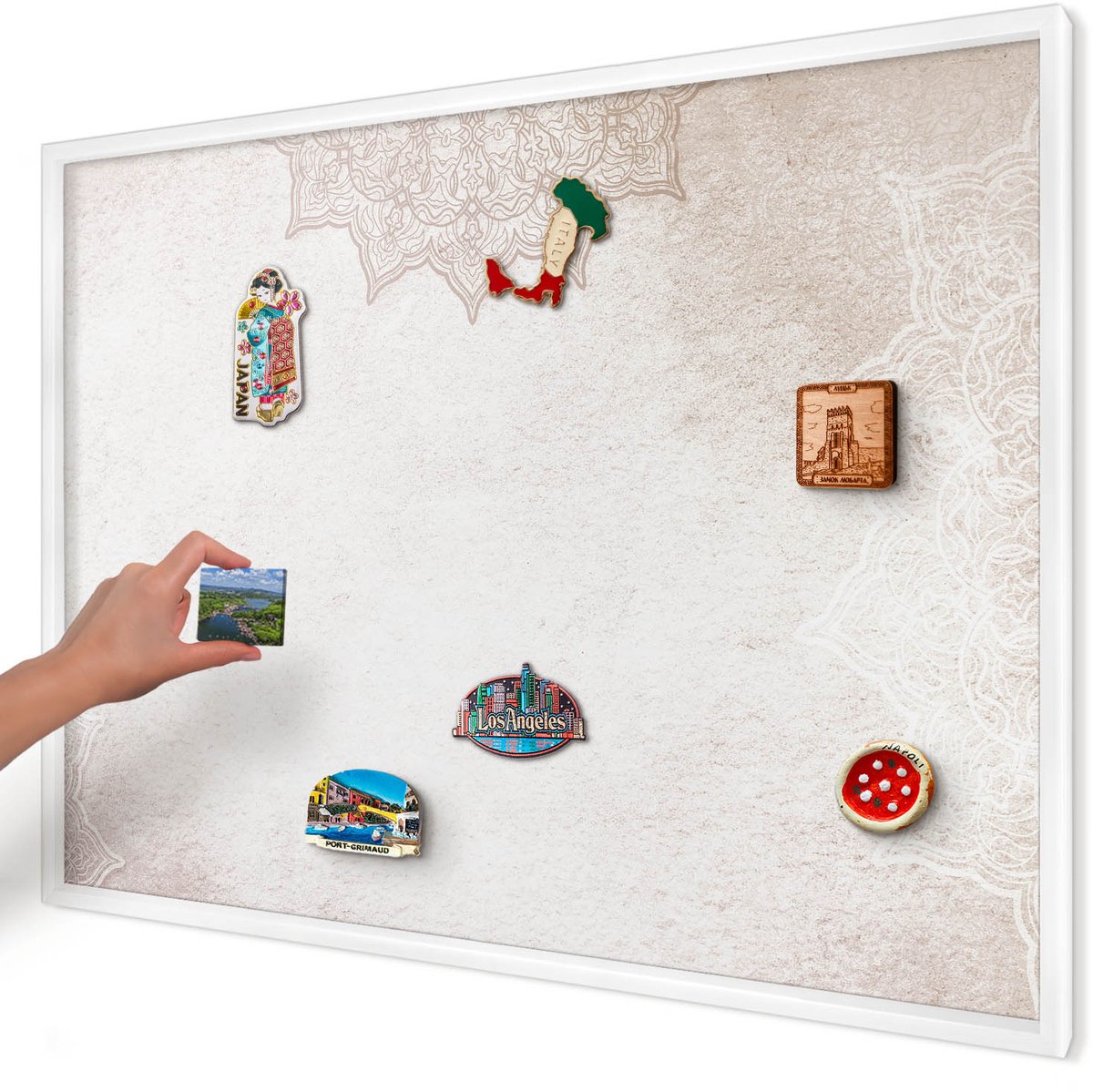 Artprintcave Romig Magneetbord mit Witte Lijst - 100x70 cm - Etnische Patronen Notitiebord - Boho Magneet Bord mit Frame - Achtergronden En Patronen