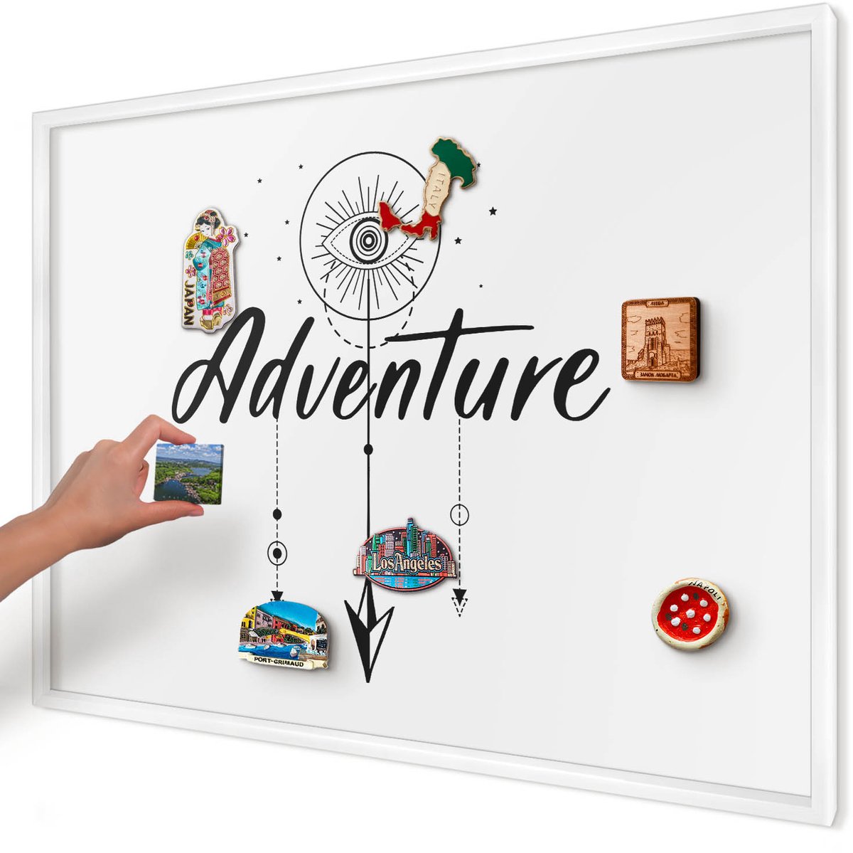 Artprintcave Wit Magneetbord mit Witte Lijst - 100x70 cm - Avontuurthema Magnetische Organizer - Minimalist Bord Voor Magneten - Teksten