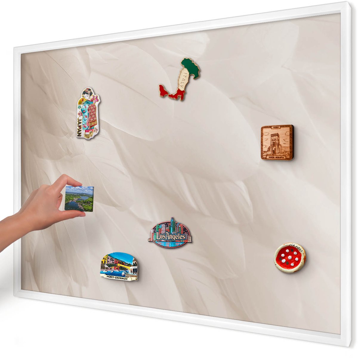 Artprintcave Romig Magneetbord mit Witte Lijst - 100x70 cm - Crèmekleurige Veren Magnetisch Bord Voor Magneten - Minimalist Magneet Bord mit Frame - Texturen