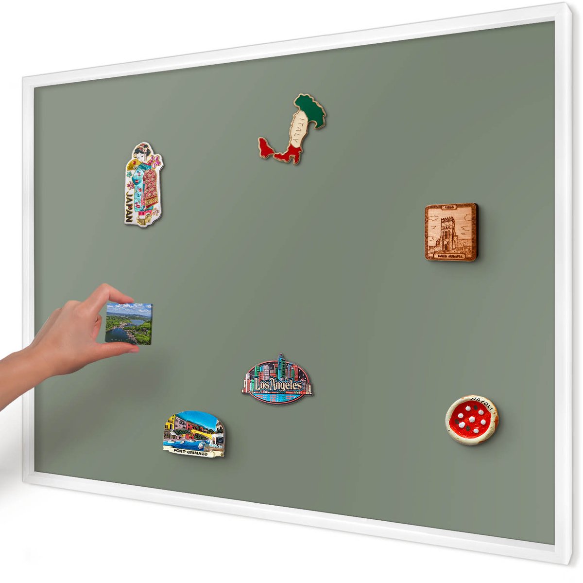 Artprintcave Groente Magneetbord mit Witte Lijst - 100x70 cm - Donkere Salie Magneet Bord mit Frame - Minimalist Magneetbord Voor Foto's - Achtergronden En Patronen