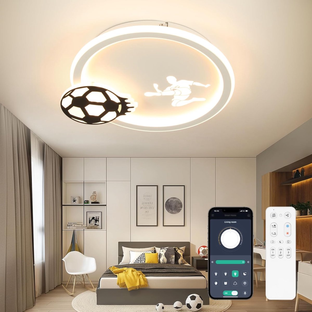 EAGLE LED Plafondlamp Slaapkamer, 34CM LED Plafondlamp Voetbal Dimbaar 3000K-6500K met Afstandsbediening en APP voor Kinderkamer, Jeugdkamer, Sportbar, Woonkamer