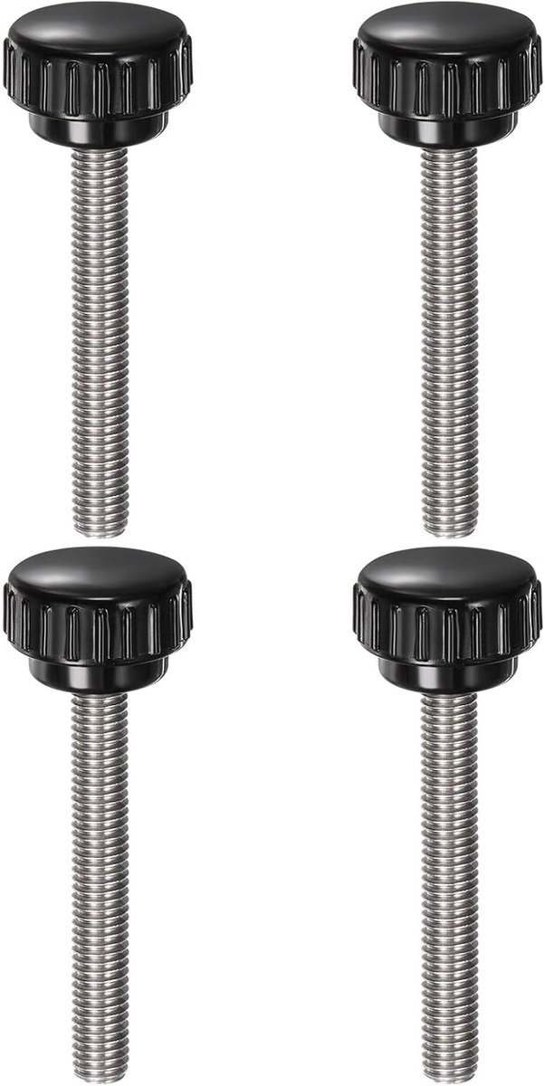4 stuks gekartelde spanknoppen M8 x 60 mm metrisch 304 roestvrij staal mannelijke schroefdraad duimschroef op type 25 mm kunststof ronde kop schroefdraad handbouten knoppen zwart