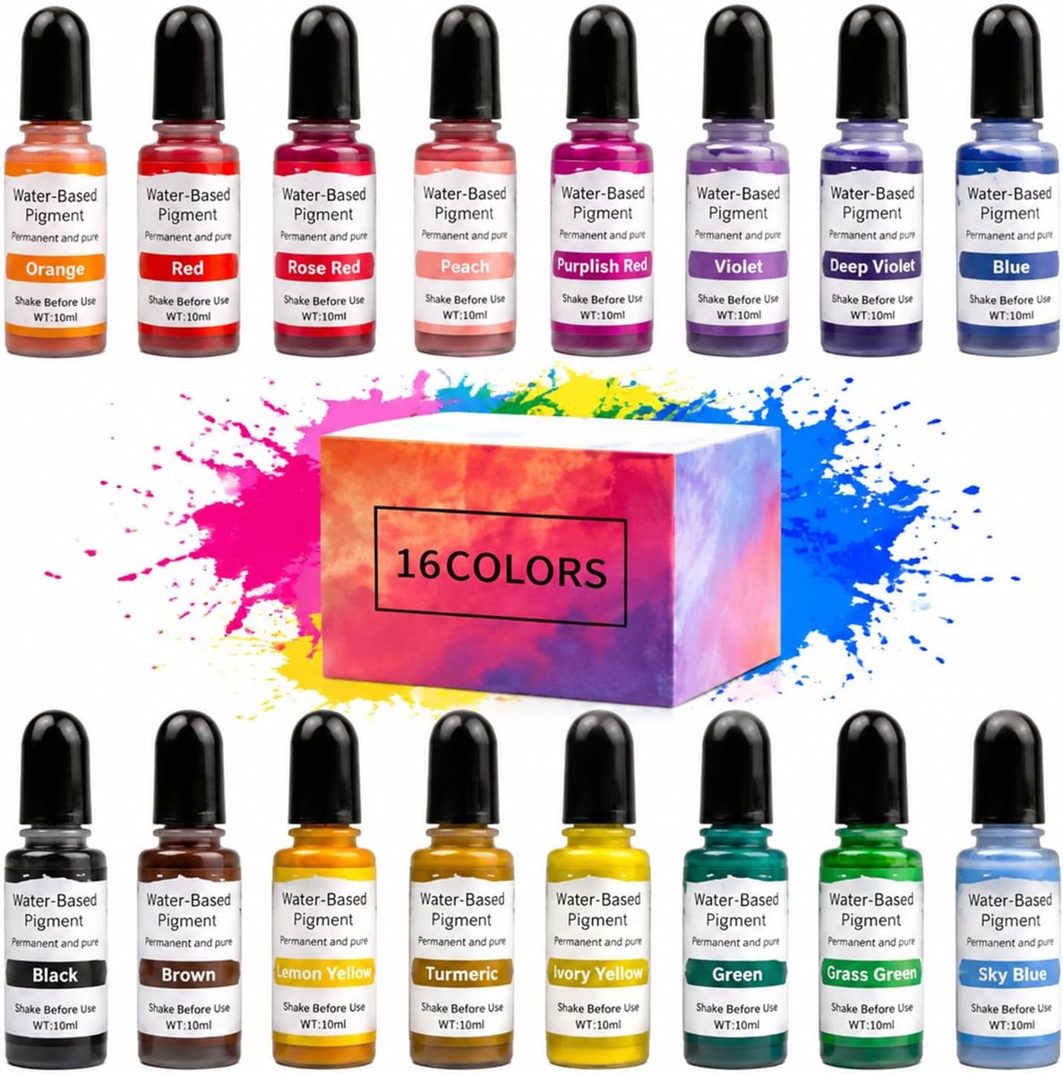 Kleurpigmenten voor gietpoeder, 16 kleuren à 10 ml, pigment op waterbasis, sterk geconcentreerde gietpoederverf op waterbasis, betonverf en gipsverf poeder voor betonverf, gips, cementverf, keramiek