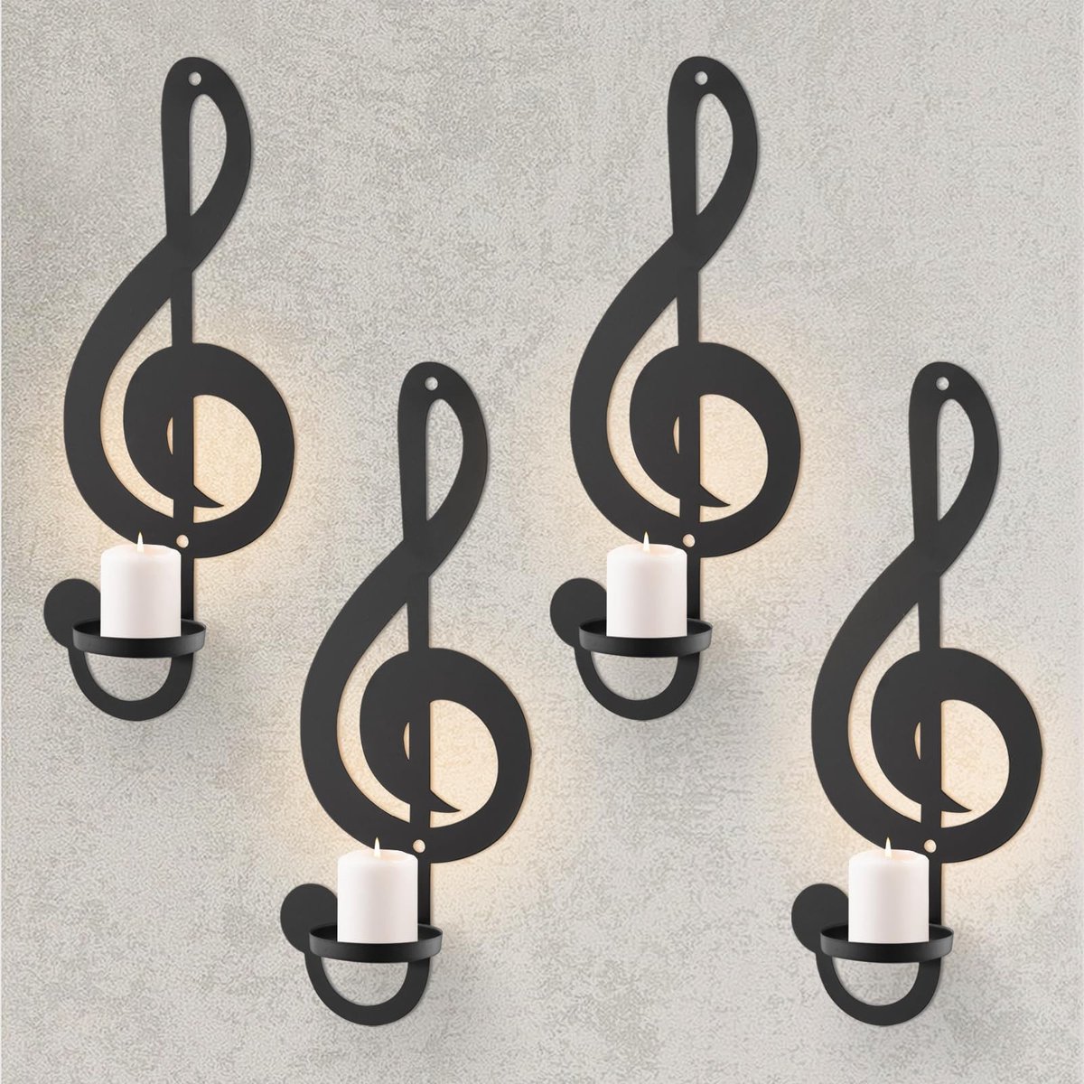 Omgoods - 4 Matzwarte Muzikale Wandkaarsenhouders - Decoratie voor Kaarsen tot Ø 3 cm