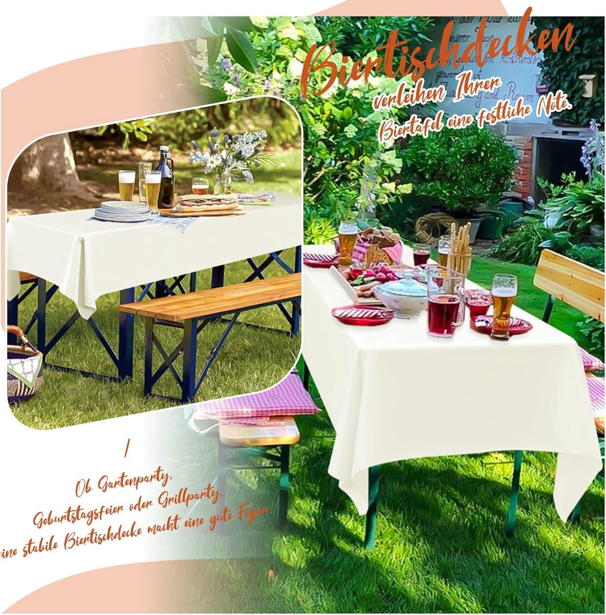12-pack premium biertafeltafelkleed universeel voor 50 cm en 70 cm biertafelhoezen 100x250 cm polyester rechthoekige tafelkleden (ivoor)