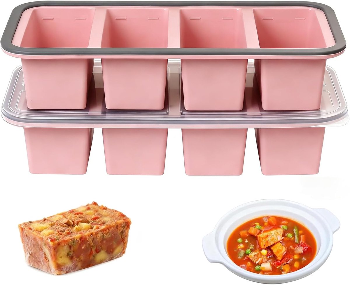 vriesbakjes, set van 2 met deksel, extra grote ijsblokjesvorm voor soep, bouillon en saus, BPA-vrij en stapelbaar, ideaal voor maaltijdbereiding en resten (roze)