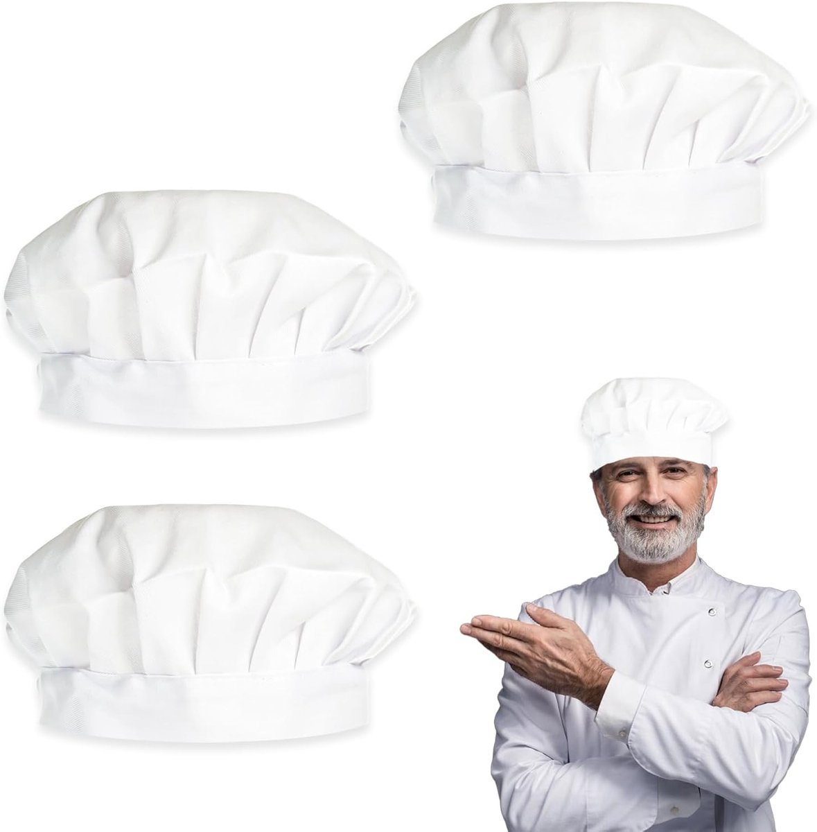 3 stuks koksmuts uniseks koksmuts voor heren en dames, witte kookmuts, elastische koksmuts, accessoires voor keukenkleding voor koken, grillen en bakken