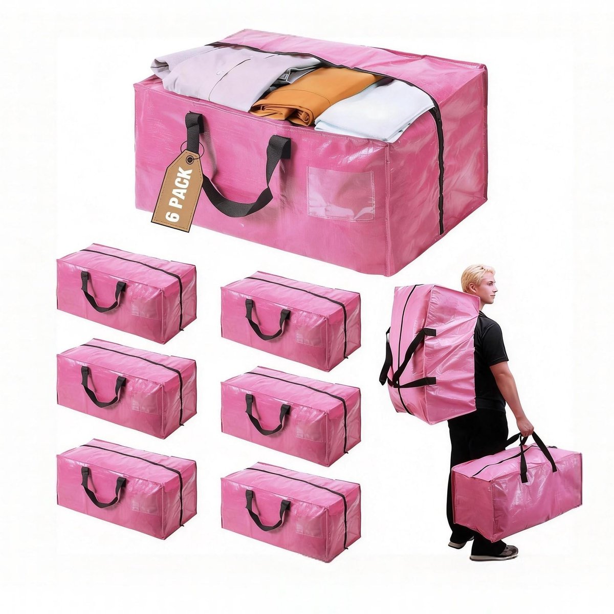 Omgoods - Roze Verhuiszakken Set van 6 - Extra Groot 83L met Rits en Versterkte Handvatten
