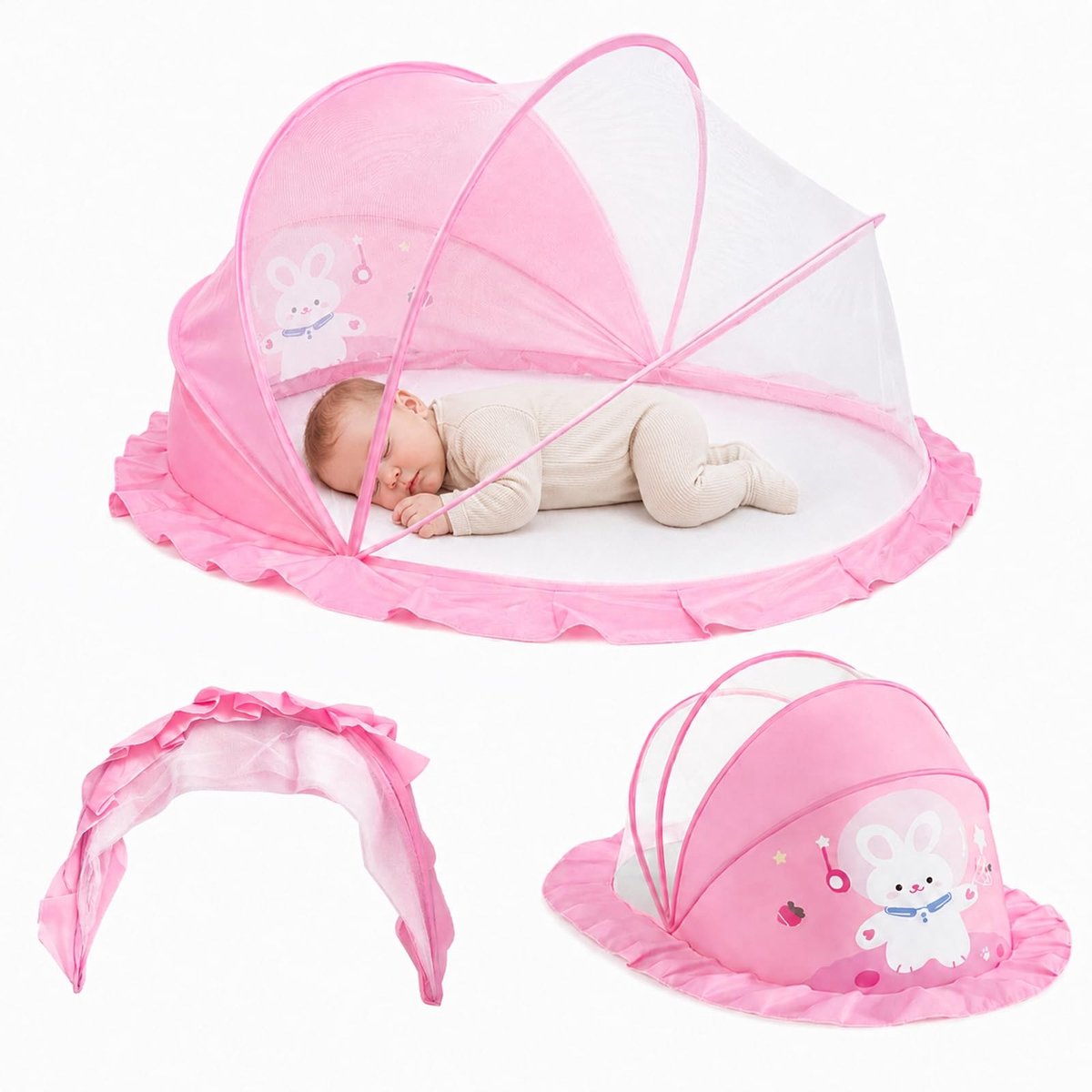 Omgoods - Muggennet voor baby's met patroon (roze) - Opvouwbaar, universeel voor kinderbed 125 x 65 x 60 cm