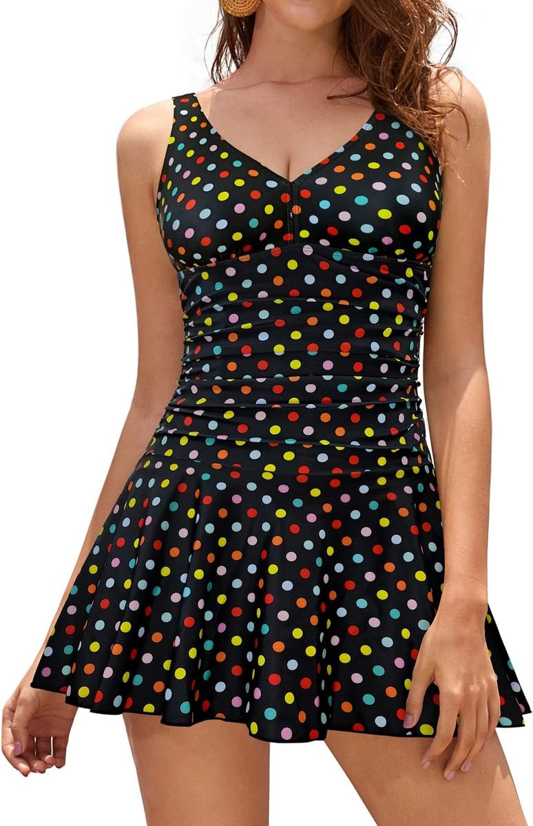 Dames Badpak Jurk V-hals retro Abdominale Controle Klassiek ruched Badmode Mode Eendelige Badjurk
