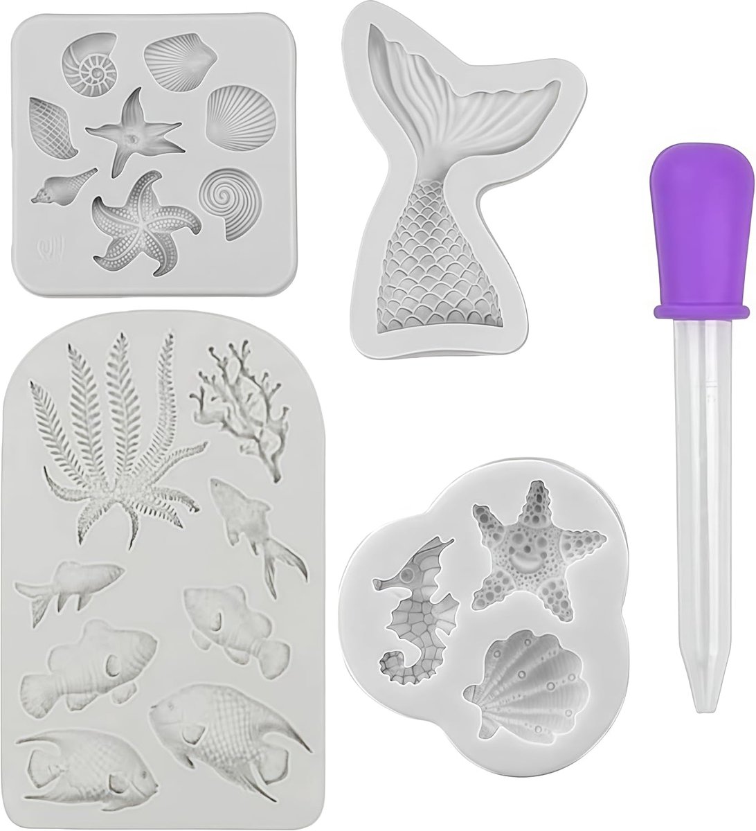 schelp, schelpslak, zeemeerminstaart, zeewier, visvorm, doe-het-zelf siliconen bakgereedschap voor fondant-cupcakes (4 grijze stuks)