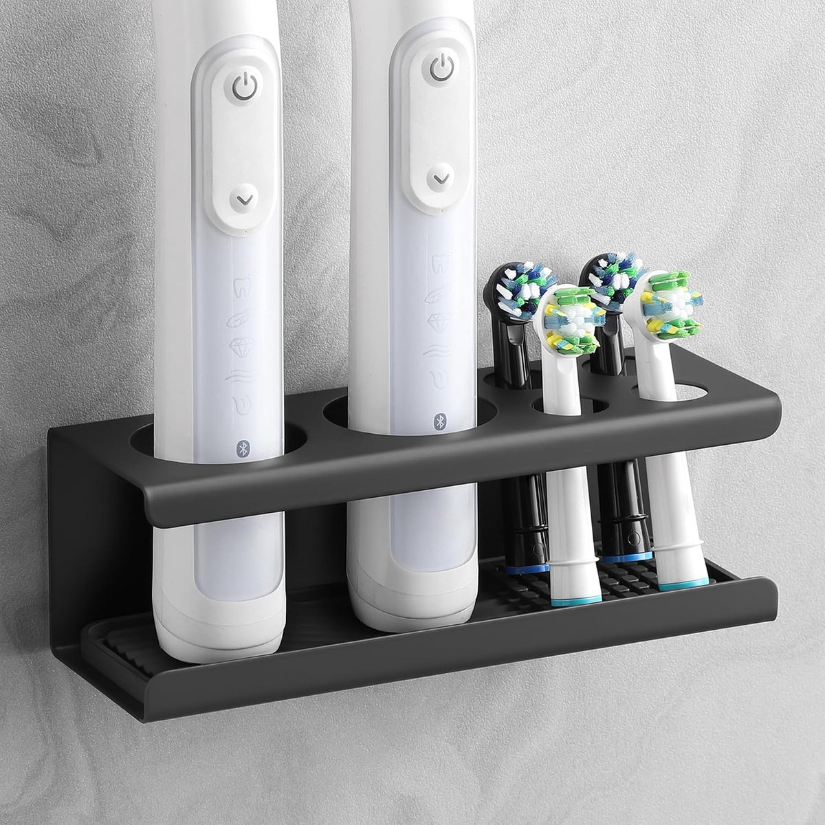 Elektrische tandenborstelhouder zonder boren, roestvrij staal, zwart, met lekbak, tandenborstelhouder badkamer met 6 vakken voor elektrische tandenborstel en tandpasta, tandenborstelstandaard