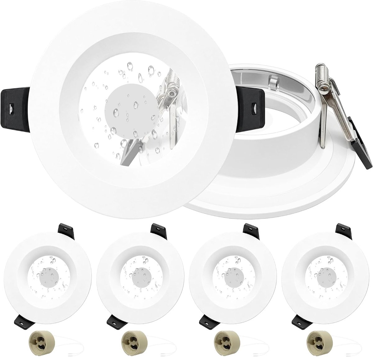 4 x Inbouwspots GU10 Set, IP65 Waterdicht Aluminium LED Inbouwframe met GU10 Fitting, Niet-Verblindend Inbouwspot Frame Gatmaat Ø65-75mm, Wit Rond Plafondspot Frame voor Buiten