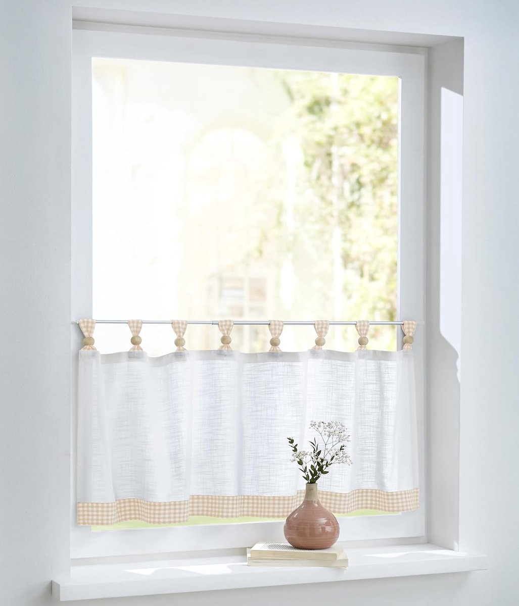 Cottage Bistrogordijn, wit, beige, katoen, landelijke stijl, lussen, houten ballen (B 120 x H 35 cm)
