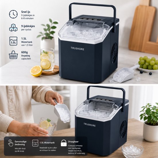 Truskore IJsblokjesmachine - IJsblokjesmakers - Snel IJs in Slechts 6-8 Minuten - 1,5L Waterreservoir - 2 IJsblokjesformaten - Met IJsschep - Compact & Stil - Zwart van truskore — afbeelding 3