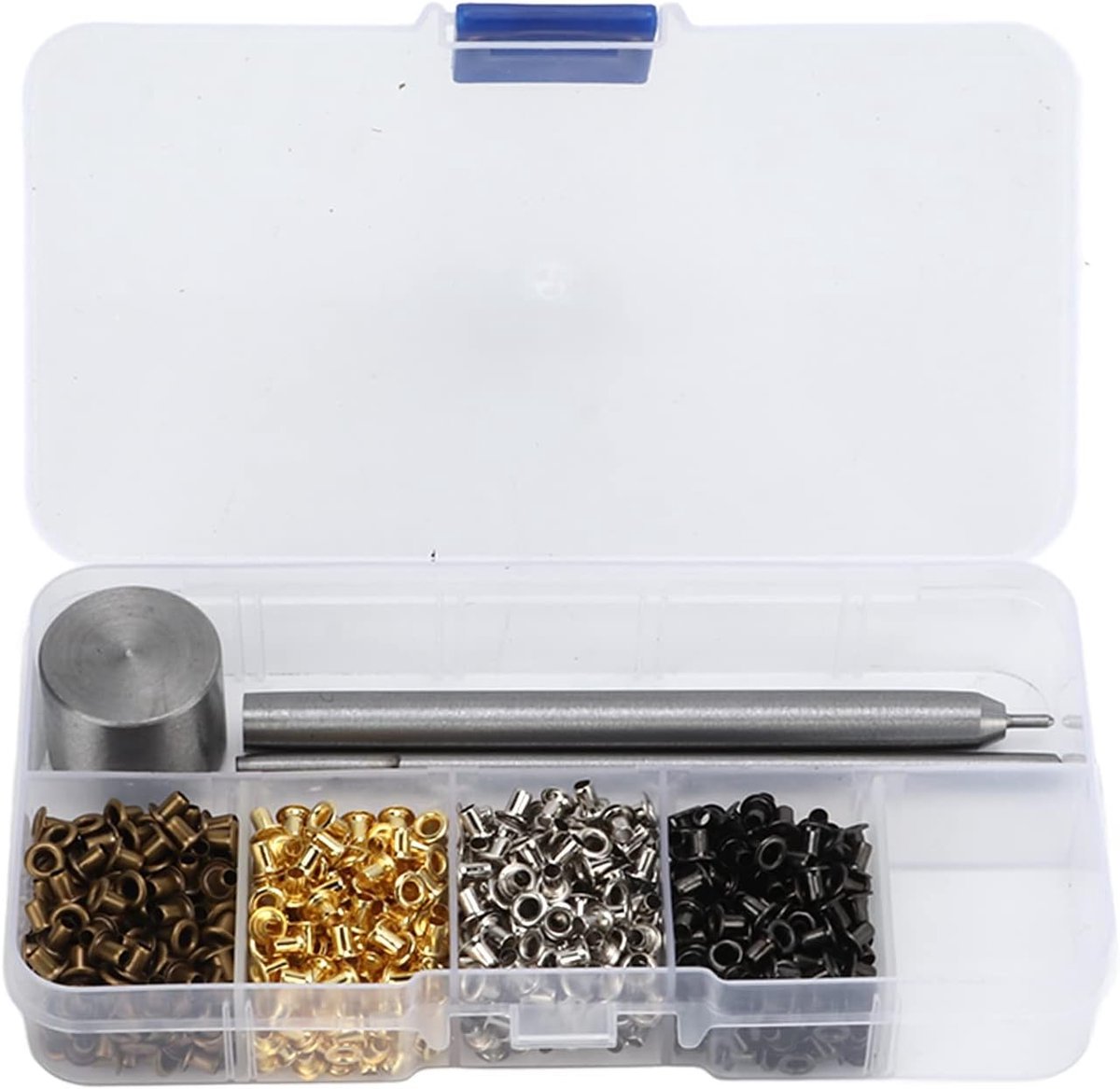 800 sets oogjesset, veelkleurig, 2 mm, mini-ijzers, messing, ronde oogjes, oogjessetgereedschapset met 3-delig installatiegereedschap en opbergdoos, zelfklevend, voor
