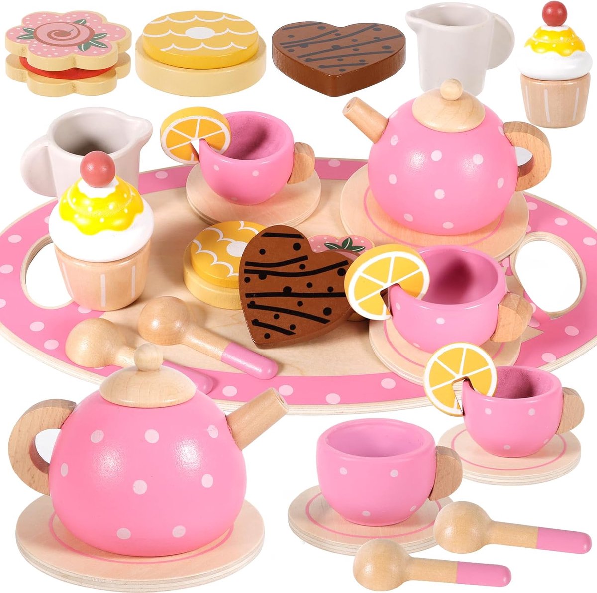 theeserviezen, Montessori speelgoedtheeservies, kindereetset, kookspelaccessoire, houten fantasiespel keukenspeelgoed voor kinderen meisjes 3 4 5 6 7 jaar oud, roze