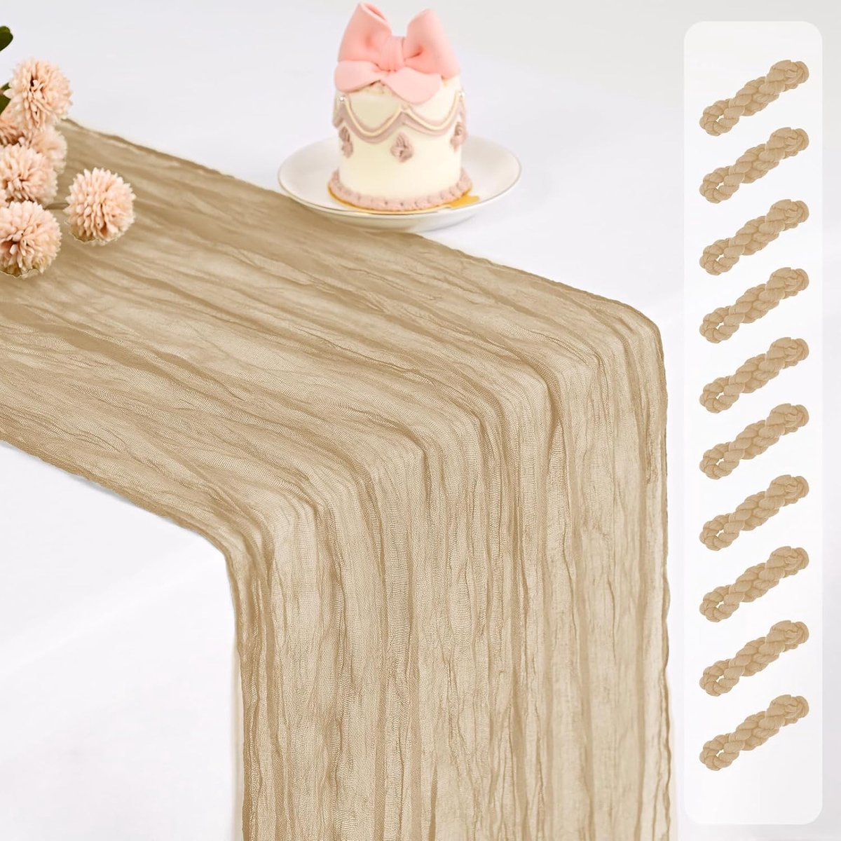 Set van 10 stuks kaasdoek, beige tafelloper lange romantische semi-doorschijnende rustieke boho gaas tafellopers voor bruiloft, bruidsdouche, verjaardagsfeestdecoraties (48 x 274 cm)