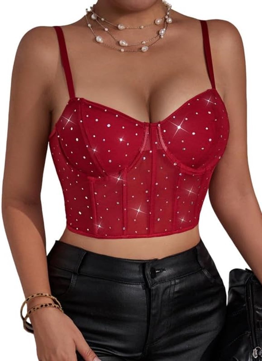 Tanktop voor dames, glinsterende korset, top, zomer, bovenstuk, sexy kant, bustier, spaghettibandjes, korset met push-up-effect, crop tops, party, korset, rave outfit, Y2k tanktop, basic
