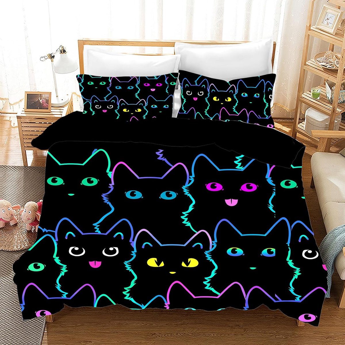 Beddengoedset met kattenmotief, 200 x 200 cm, leuke 3D-huisdier, kat, zachte microvezel dekbedset, meisjes en jongens, beddengoed met dekbedovertrek en kussensloop (F, tweepersoons (200 x 200