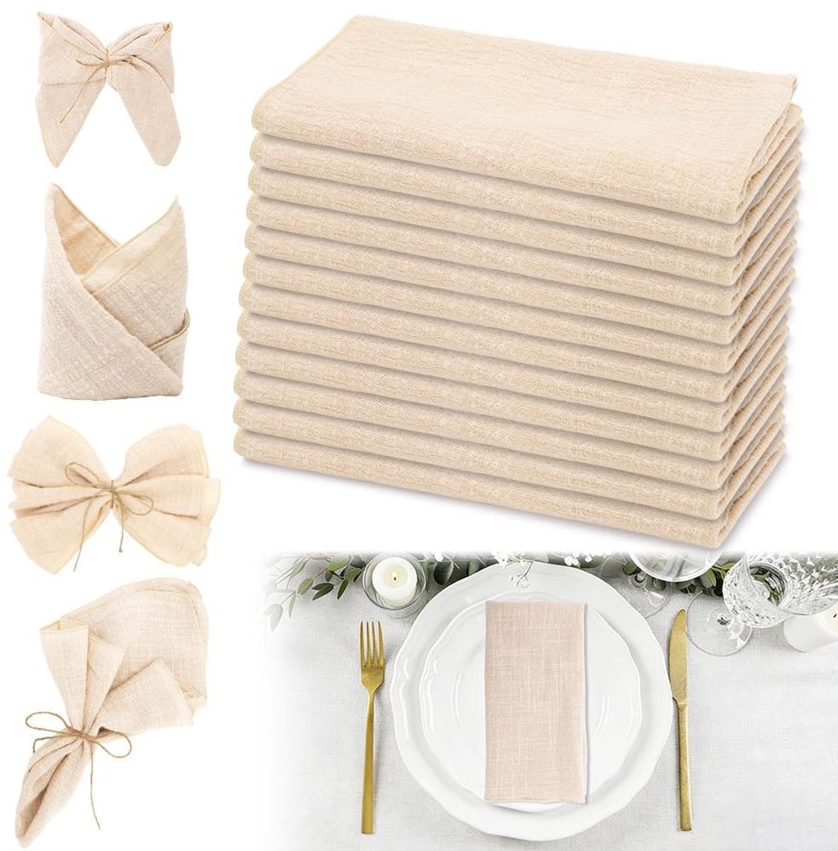 Omgoods - Set van 12 Beige Katoenen Servetten - Wasbare Tafeldecoratie 43x43 cm
