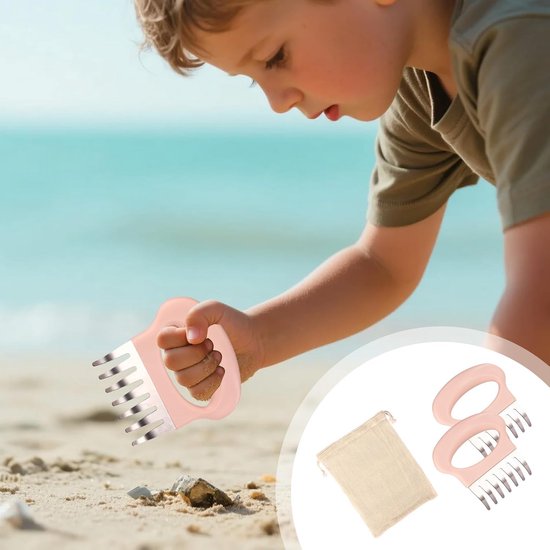 2 Stuks Zandvlooienhark, Strandkam met Netzak Handhark Roze Strandschep voor Het Oprapen van Schelpen Zoekgereedschap voor Zeeglas — afbeelding 5