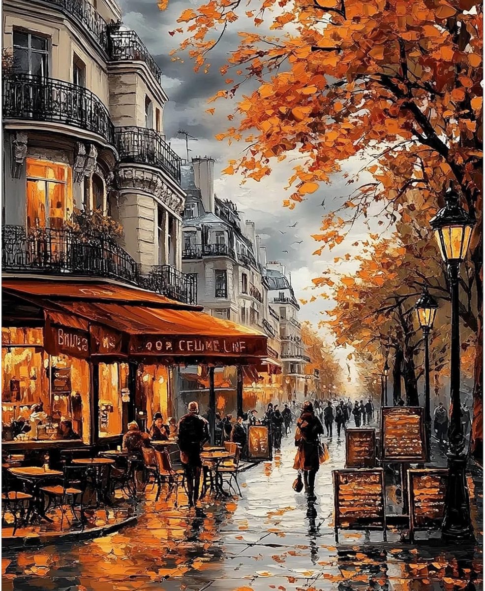 Schilderen op Nummer Canvas voor Volwassenen Parijs Straat Herfstbladeren Stedelijk Landschap DIY Olieverf Cadeau Set 40x50cm
