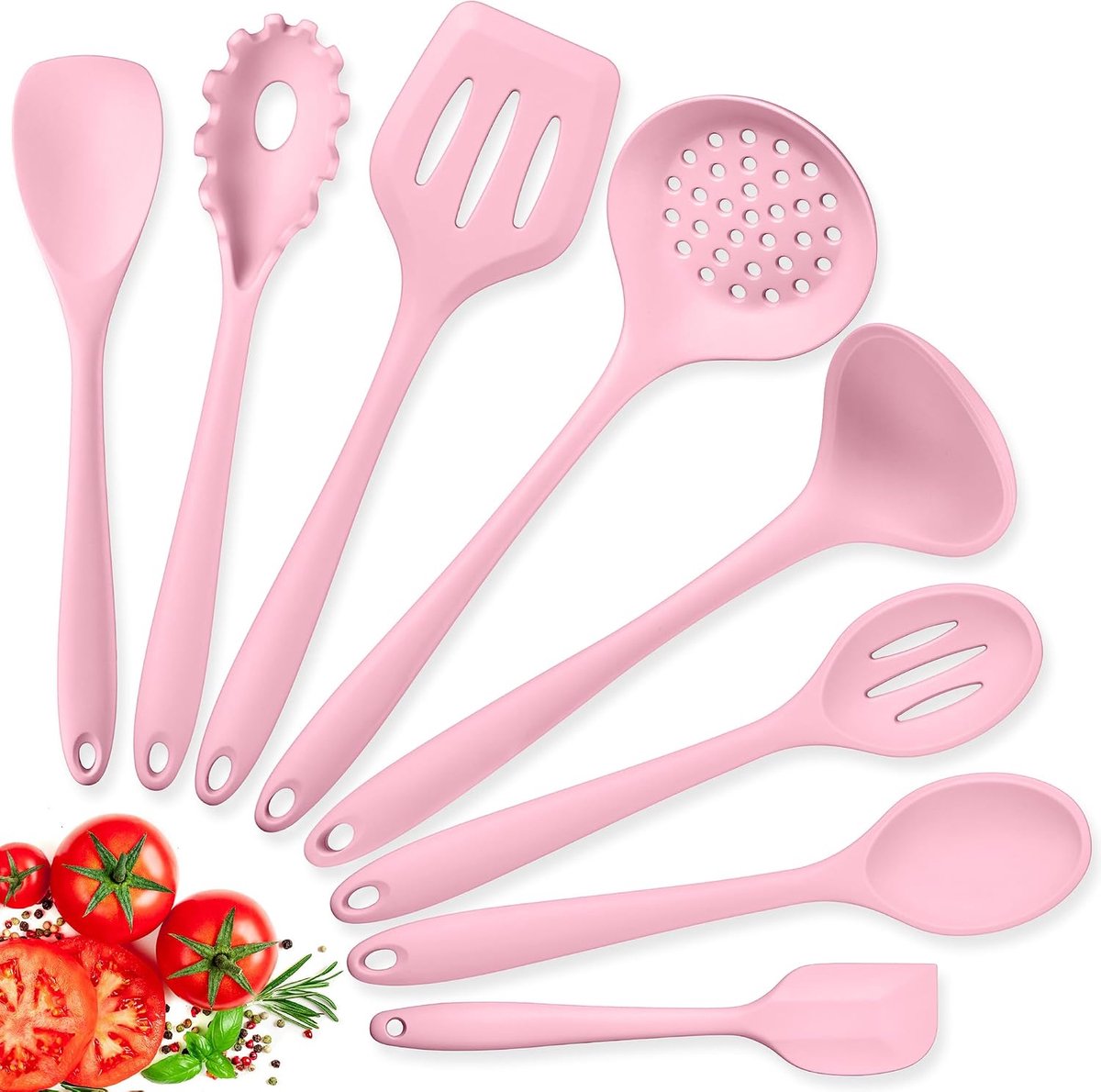 Keukenhulpset, set van 8 stuks siliconen keukengerei, hittebestendige keukenaccessoires met siliconen spatel/lepel/wender/schep, antiaanbaklaag en vaatwasserbestendig - Roze