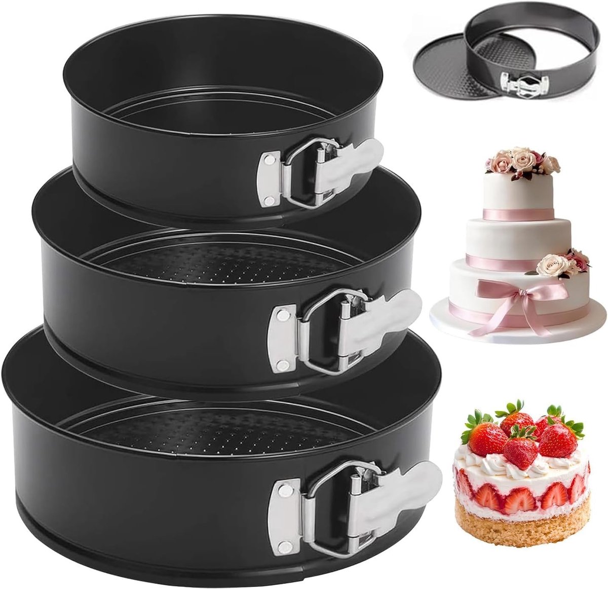 Omgoods - Set van 3 Springvormen - Verstelbaar met Afneembare Bodem - Ideaal voor Taarten en Koekjes
