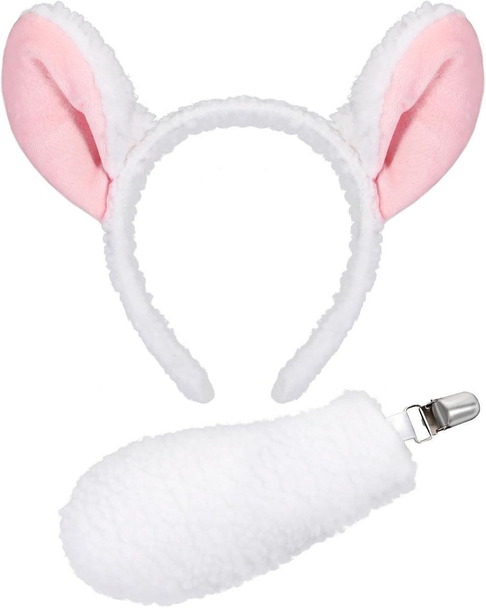 Kostuumset, lamoren en staart, set met hoofdband en lamsstaart voor dierenkostuum, cosplay, verjaardag, Halloween, fancy dress party