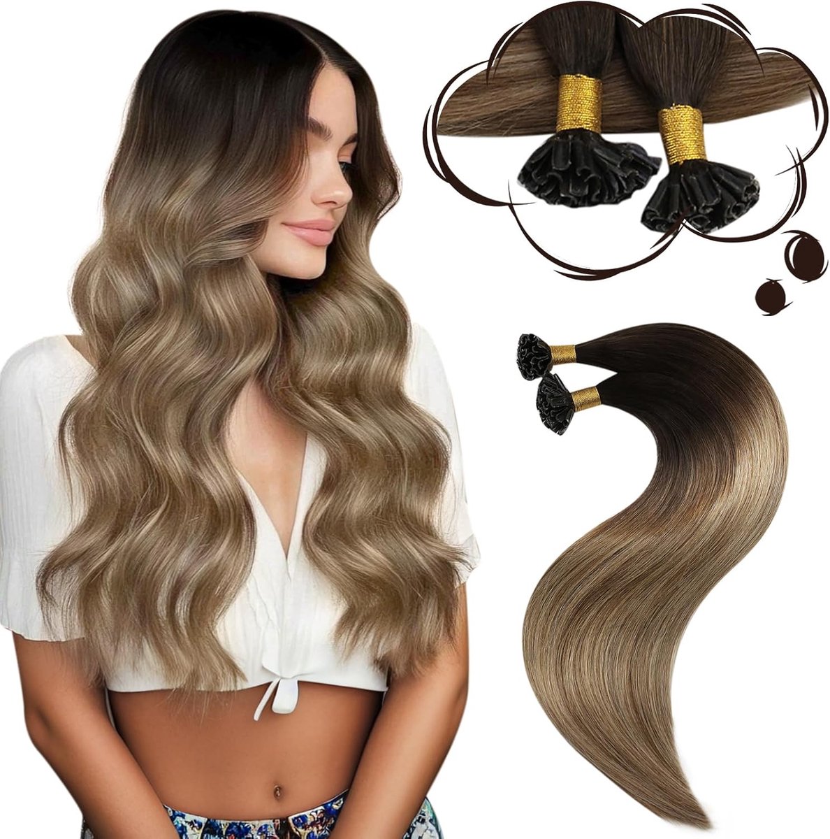 22 Inch Haarverlenging Echte Keratine Bruin 55cm 50 Strengen U Tip Recht Haarverlenging Van Echt Menselijk Haar Pre Bonded Haar Donkerbruin tot Goudbruin met Donker Honingblond #4/10/16 50g