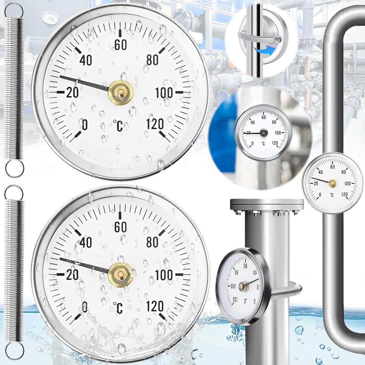 2 Stuks Aanlegthermometer Verwarmingsbuis, Bimetalen Aanlegthermometer, Wijzer-Thermometer 0-120 °C 63mm, Industriële Buisthermometer, Draagbare Pijpthermometers Voor Pijpleidingen