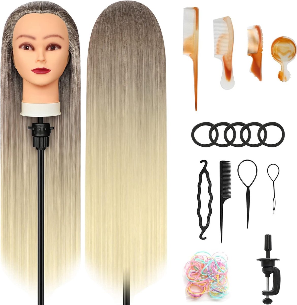 28 inch kaphoofd voor kapsels, 100% synthetische vezelhaar, oefenhoofd, met doe-het-zelf breikit en gratis tafelclips (4-613)