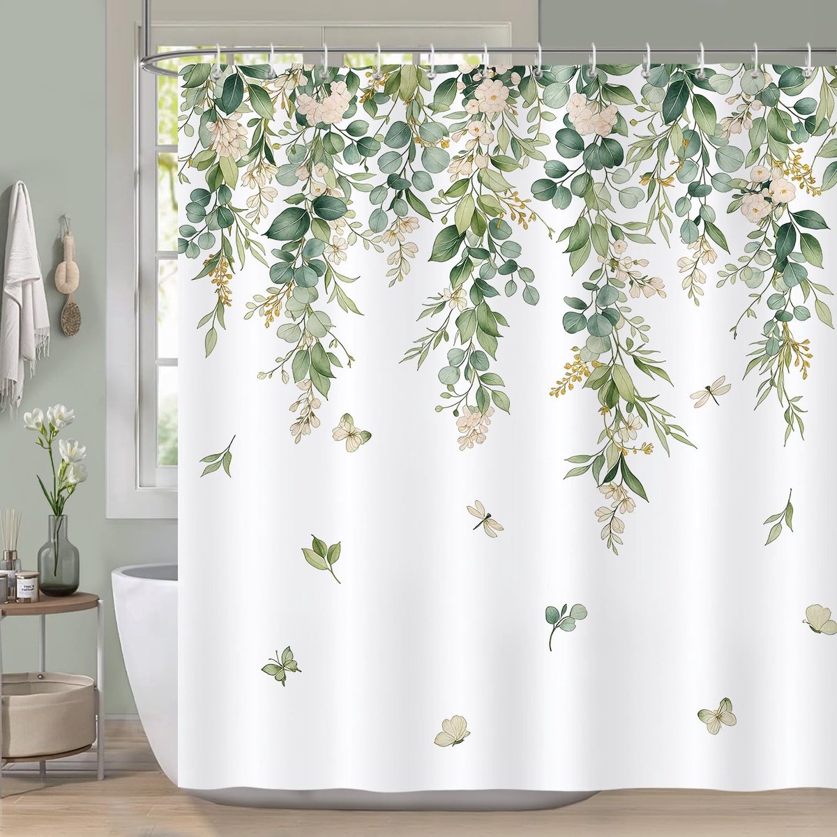 Omgoods - Douchegordijn met Groene Bladeren en Vlinders 183x183 cm Waterafstotend