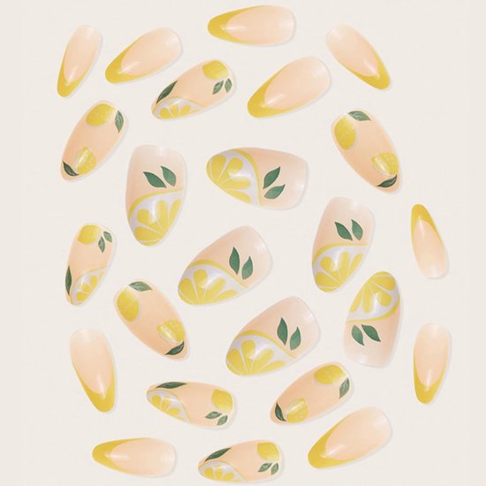 24 stuks kunstnagels, amandelvormig, geel, Franse kunstnagels, om op te plakken, acryl, volledige dekking, kunstnagels met citroenpatroon, amandel press-on nagels voor vrouwen en meisjes — afbeelding 3