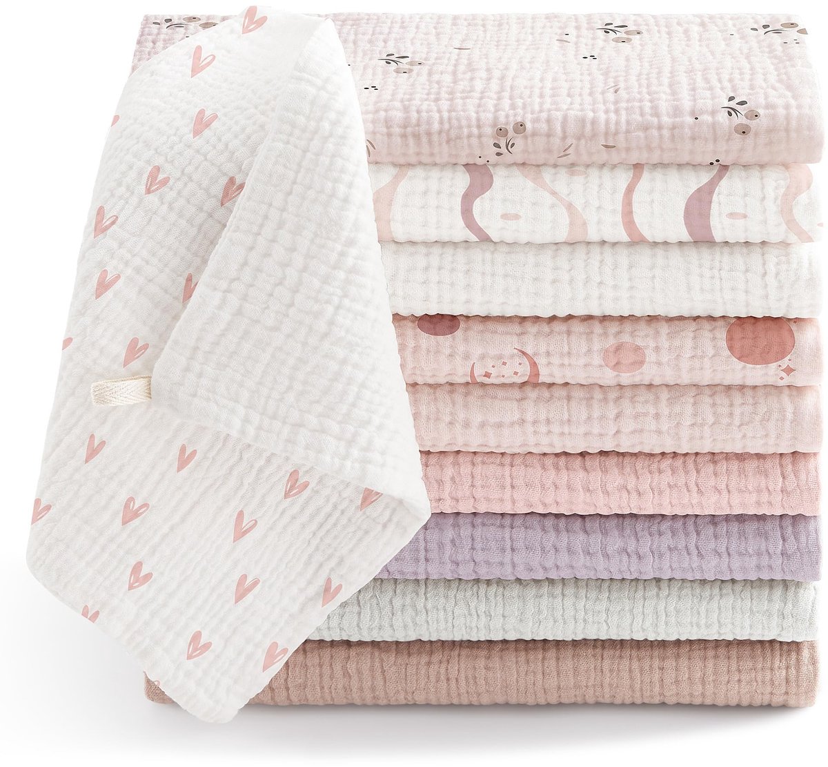 Omgoods - Pack van 10 Muslin Baby Wasdoeken - 100% Katoen, Zacht en Ademend, 25 x 25 cm (Roze-Paars)