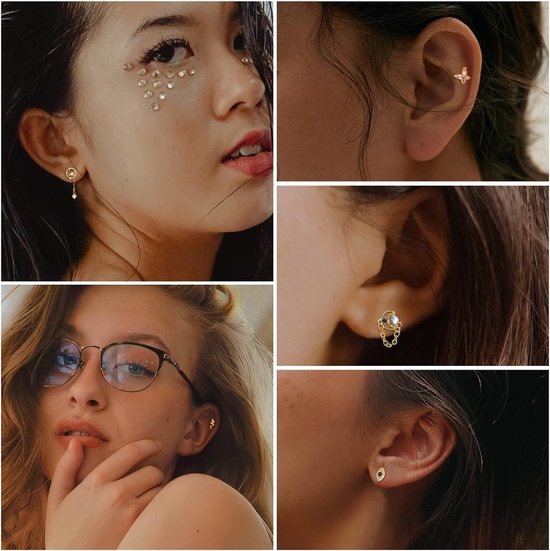 9 Stks Stud Oorbellen Voor Vrouwen 16G Kraakbeen Oorbellen Hart Ster CZ Dangle Oorbellen Vlinder Rvs Platte Terug Oorbellen Snake Boze Oog Tragus Helix Conch Piercing Sieraden — afbeelding 4
