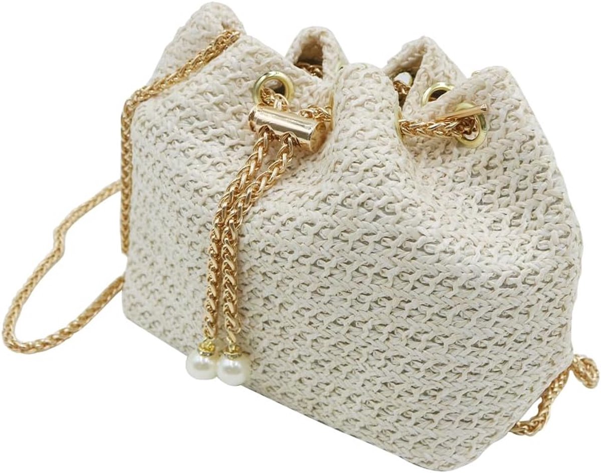 Boho Gehaakte Stro Tas Voor Strand Vakantie Reizen Ketting Crossbody Clutch (Beige)