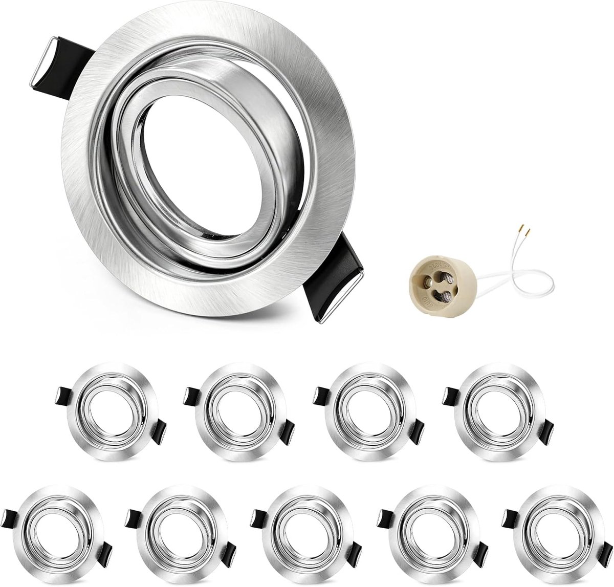 10x GU10 Inbouwspot Frame Nikkel, 45° Kantelbaar IJzeren Inbouwframe, Gatmaat 68-75mm, Ø87mm Plat, Plafondspots met 230V GU10 Keramische Fitting, IP20, zonder Lamp