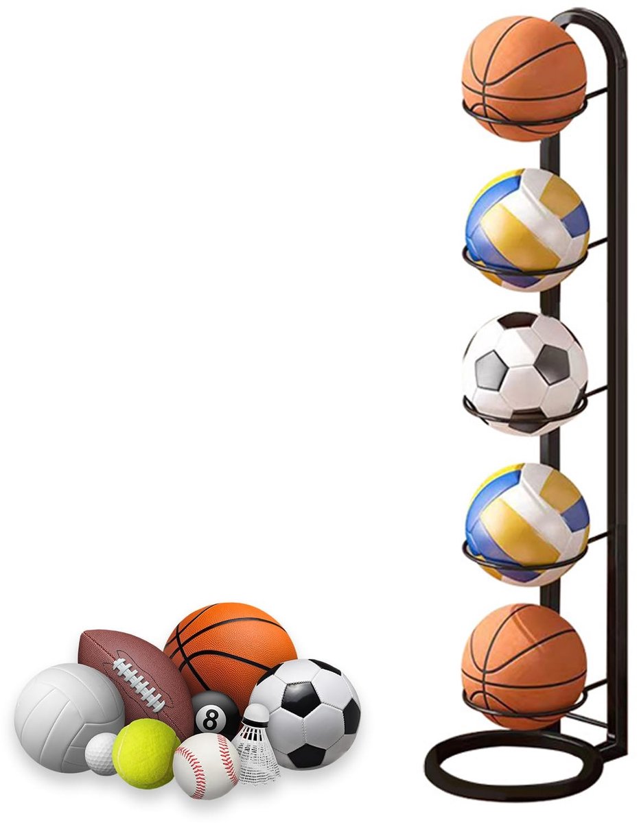 Omgoods- Balstandaard Stabiel en Duurzaam - Ballenrek - Verticale Balopslag - Voetbal/Basketbal/Volleybal - 4 Etages - Zwart Ijzer