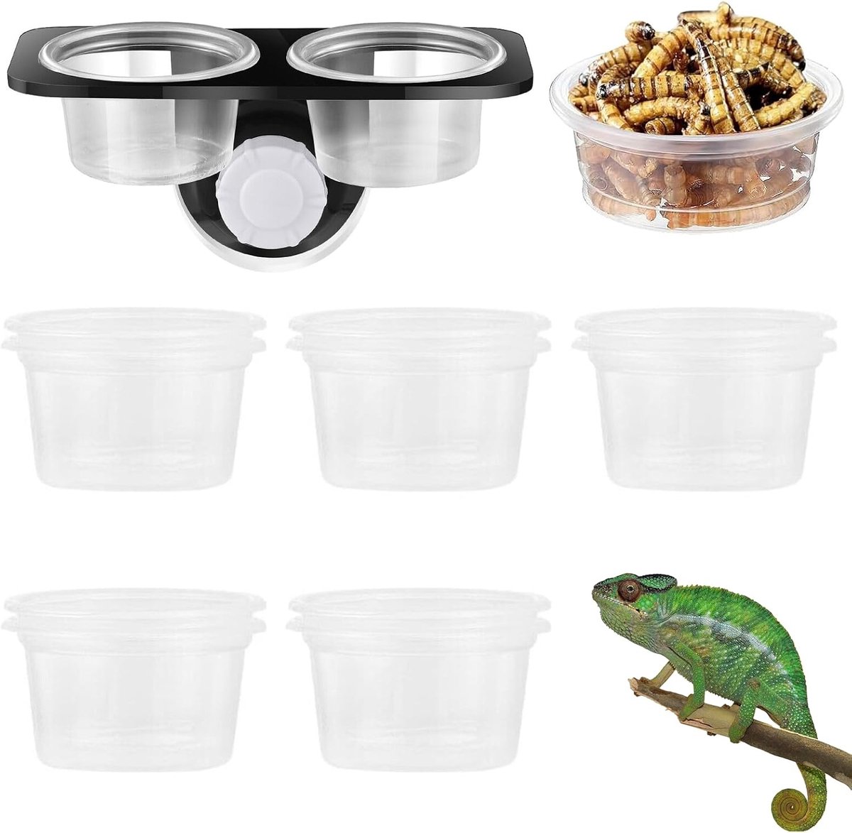Gecko Reptielvoer en waterbeker, 2 stuks, voor reptielen, gecko feeder met 20 voerkopjes, zuignap, reptielenvoer, watervoerbak met schroefaccessoires (dubbele kom)