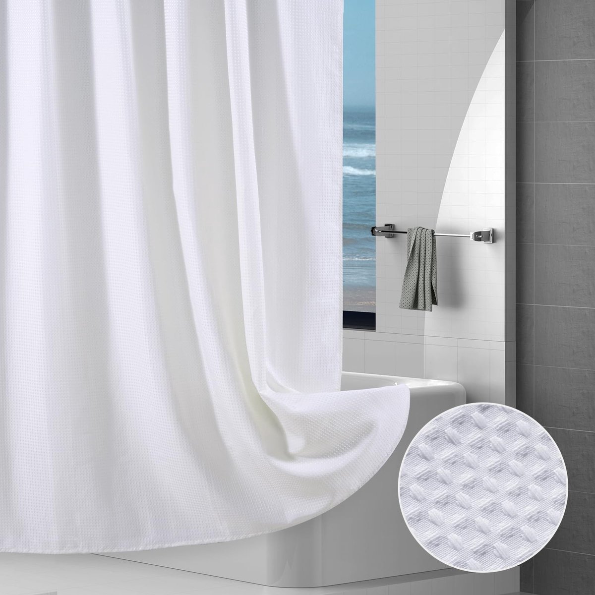 Omgoods - Waterdicht Douchegordijn van Waffle Stof met Gewichten 183 x 183 cm