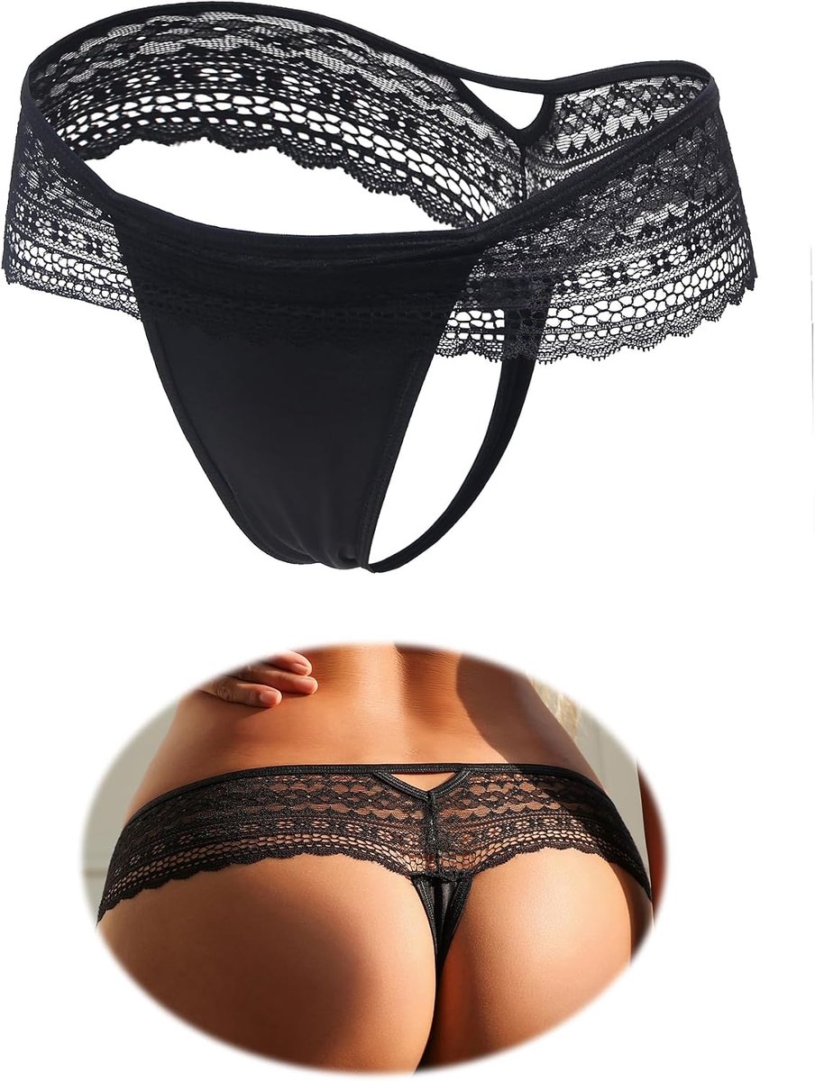 ohmydear Damesstring, tanga, kant, Braziliaanse slip, lage taille, onderbroek, T-back, hollow out, sexy ondergoed voor vrouwen, transparante panty, ademend, grote maten