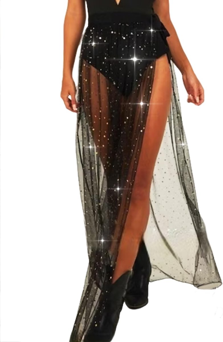 rok, zwart, lange oudejaarsavond rok, rave-outfit, pailletten, strand, cover-up festival, kostuum voor dames, zwart, S